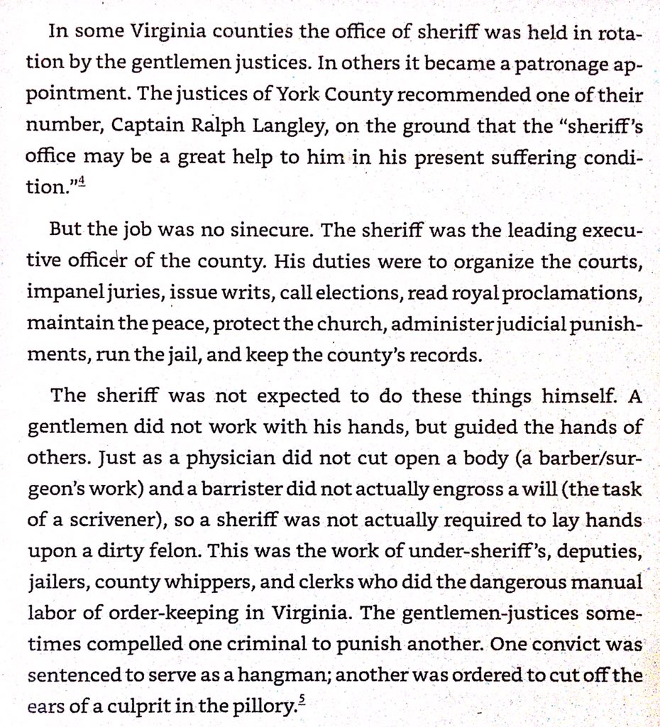 Virginia law enforcement was run by county sheriffs - positions either held by landholders in rotation or selected by landholders for appointment. Contrasted with the locally & popularly elected Massachusetts constables.