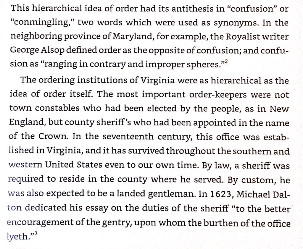 Virginia law enforcement was run by county sheriffs - positions either held by landholders in rotation or selected by landholders for appointment. Contrasted with the locally & popularly elected Massachusetts constables.