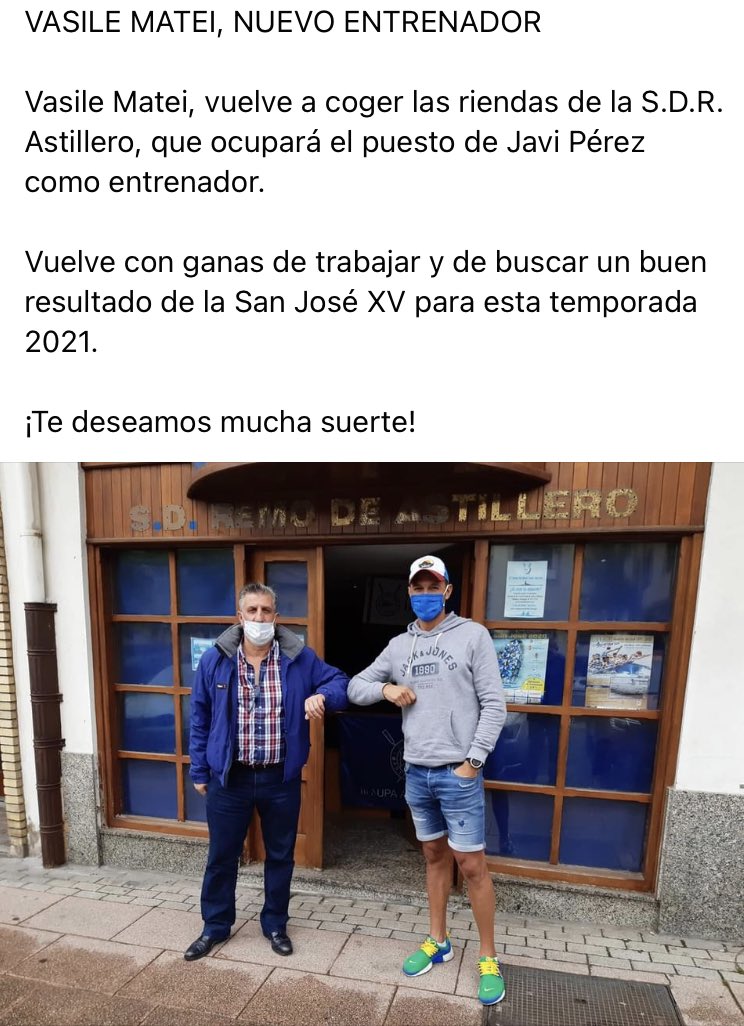 VASILE MATEI, NUEVO ENTRENADOR 
Vasile Matei, vuelve a coger las riendas de la S.D.R. Astillero, que ocupará el puesto de Javi Pérez como entrenador. 
Vuelve con ganas de trabajar y de buscar un buen resultado de la San José XV para esta temporada 2021.
¡Te deseamos mucha suerte!