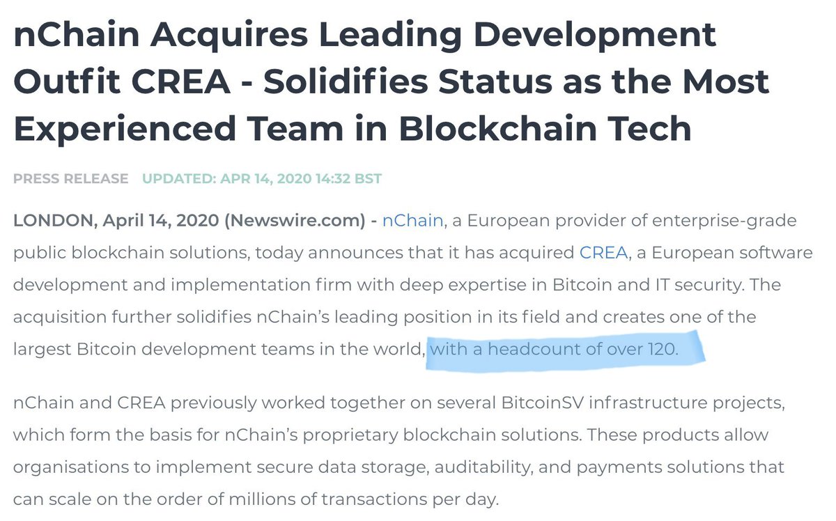 Correction: nChain plus a recent acquisition totals ~120 headcount according to a press release. However, the acquisition CREA remains a separate entity based in Slovenia.
