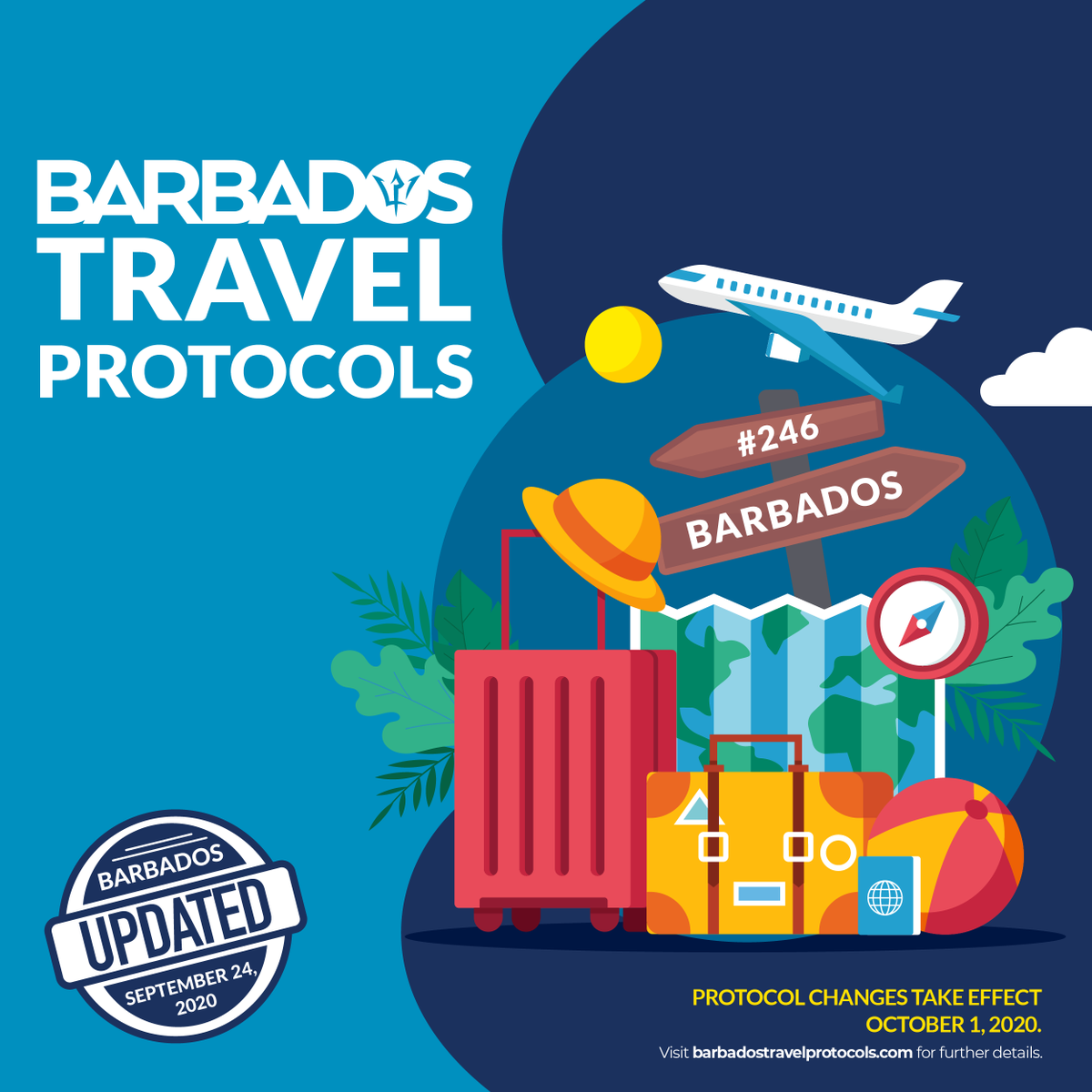 Barbados's tweet photo. As we continue to welcome you all to our island, responsible travel, safety and health of everyone remain a priority for us. The Government of Barbados has updated its travel protocols, which will go into effect on October 1, 2020.

For more details: https://t.co/D0BaWwnzww (1/5) https://t.co/J8Lutrn6s0
