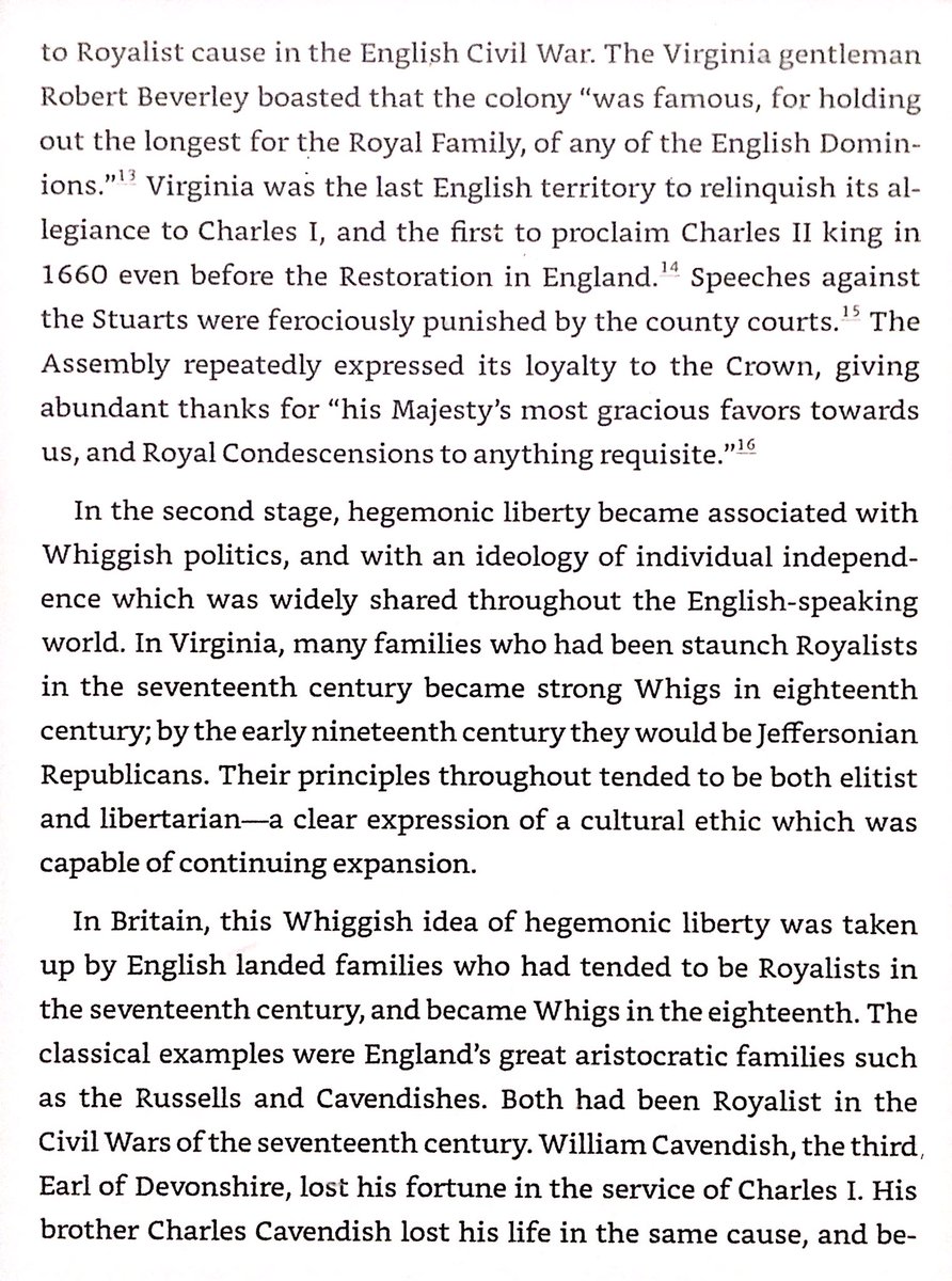 Virginia’s ideal of hegemonic liberty & its evolution. 1st Cavaliers & strong Royalist support, 2nd Whigs & Jeffersonian democracy, & 3rd modern libertarians.