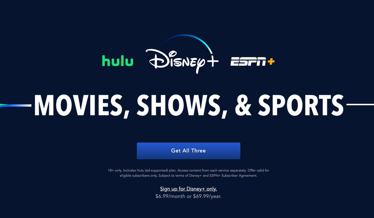 5/ So we got Disney+ for the kiddos and  #ESPN sports watching/betting for the adults.  #Hulu's live TV should take care of most other target audiences. What does  $DIS do? Boom. Offers a bundle to have all 3 for the price of $69.99 a year. I mean who isn't going to buy that?