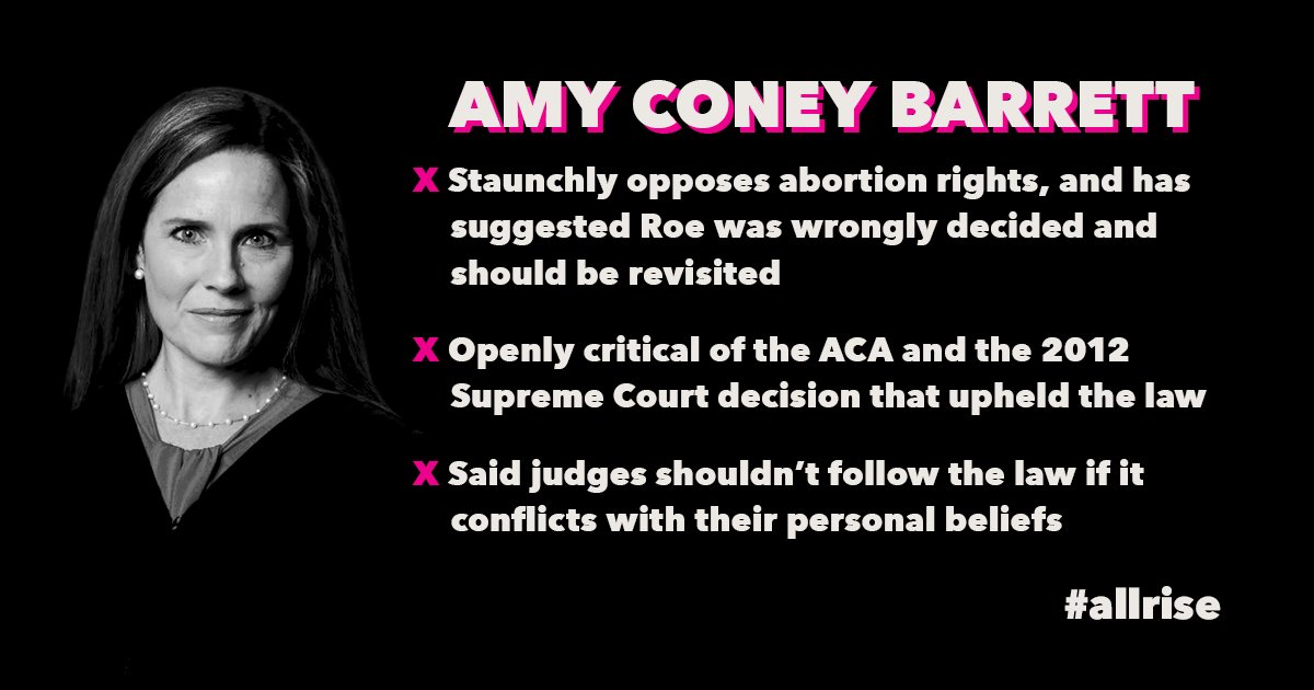 PPact's tweet photo. Amy Coney Barrett is a threat to our reproductive rights and health care. Nominating Barrett is an insult to RBG’s legacy and everything she spent her life fighting for. This is the people’s court, the people’s seat. #LetThePeopleDecide https://t.co/6rgLmn6Udx