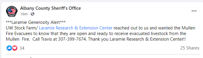 CEDRdigital's tweet photo. Large animal shelter open for #MullenFire_WY at Laramie Research &amp; Extension Center.  Call 307-399-7674 for assistance
#AlbanyCoWY https://t.co/UUunjc09eC