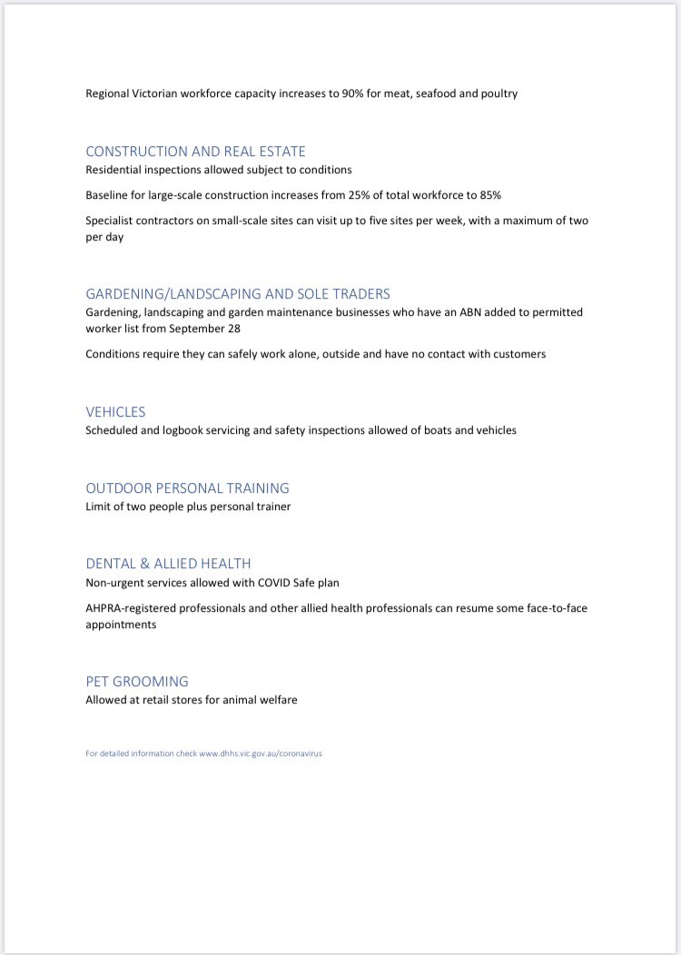 MELBOURNE CHANGES: Here’s the list. The curfew will also be removed from 5am tomorrow. Supreme Court challenge to the curfew scheduled for tomorrow also.. @10NewsFirst #SpringSt #Covid19Vic