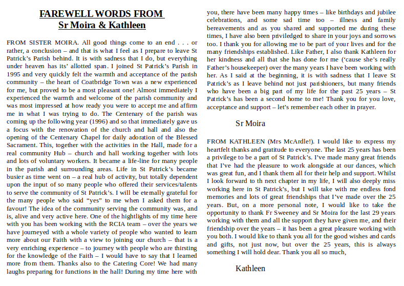 Farewell words from Sister Moira and Kathleen: