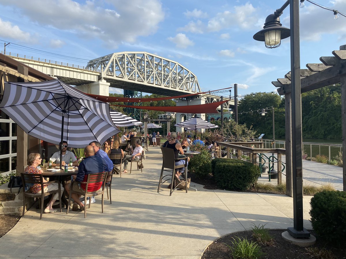 ...and finally after battling quite a current, arriving back to home port at Merwin’s Wharf for a very peaceful and relaxing dinner. Great to see the use of the green space next door. I hope come next summer things will be better but nice to see  #CLE making the most of today! – bei  Merwin's Wharf