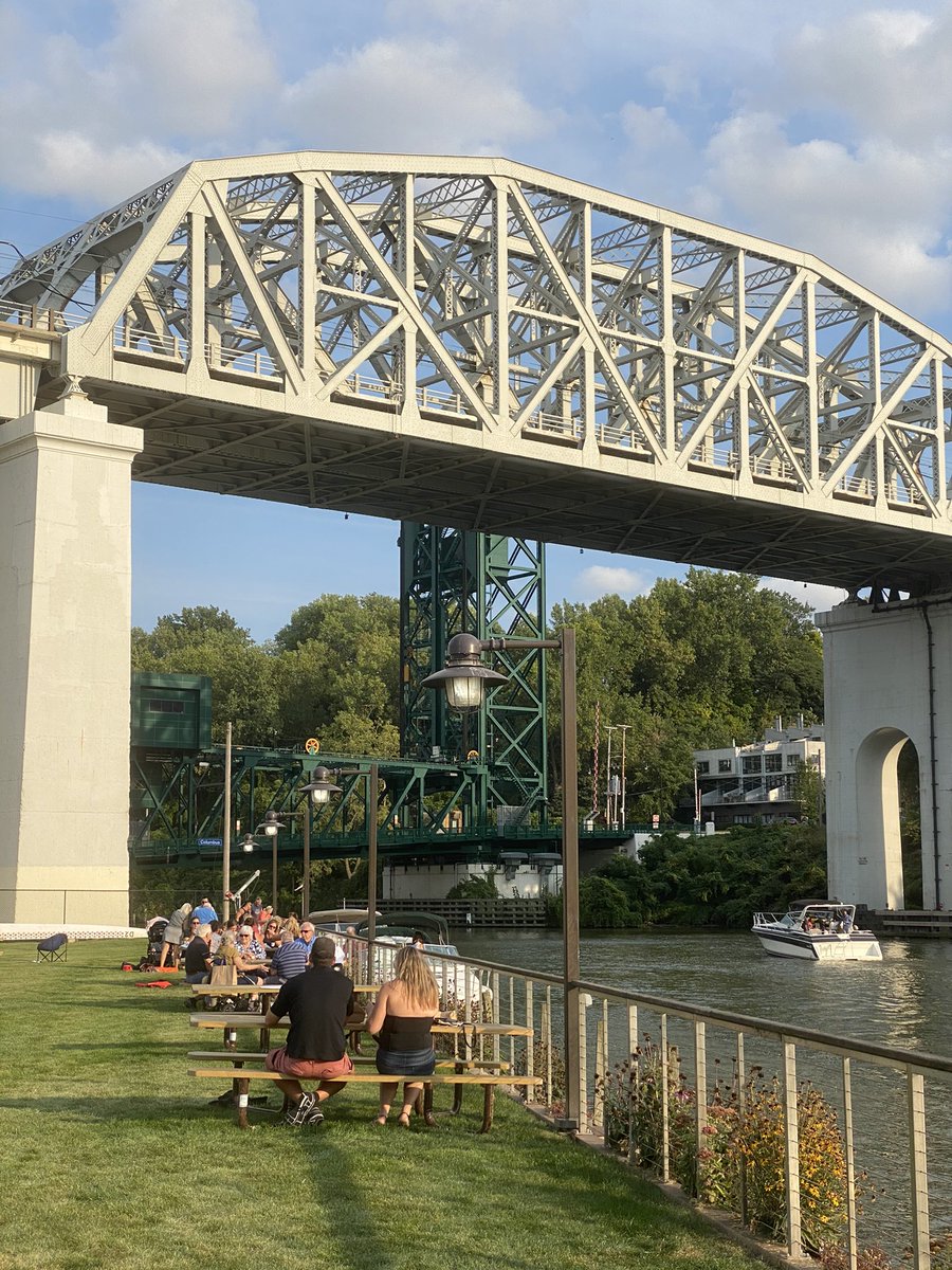 ...and finally after battling quite a current, arriving back to home port at Merwin’s Wharf for a very peaceful and relaxing dinner. Great to see the use of the green space next door. I hope come next summer things will be better but nice to see  #CLE making the most of today! – bei  Merwin's Wharf