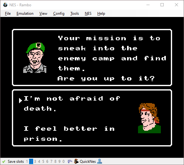 Here's Rambo for the NES.Look at that font.it's pixels. nice 8x8 pixels.