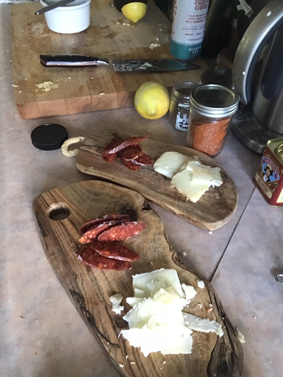 Some Iberico three-milk cheese and chorizo to get things started. Meanwhile, frying of patatas proceeds apace—no fire extinguisher required yet.