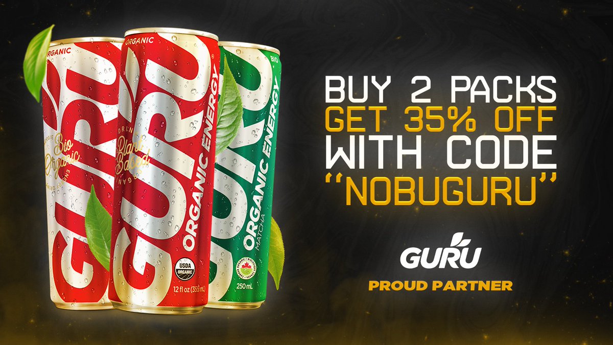 TeamNobuEsports's tweet photo. When you are feeling tired and thirsty, nothing is better than an ice-cold refreshing GURU Organic Energy drink. If you use code "NobuGuru", you'll get 35% off when you buy 2 or more packs! 🍃 https://t.co/DY91x9R9uf

#TheNobuWay #GuruEnergy https://t.co/N8ool2DUzP