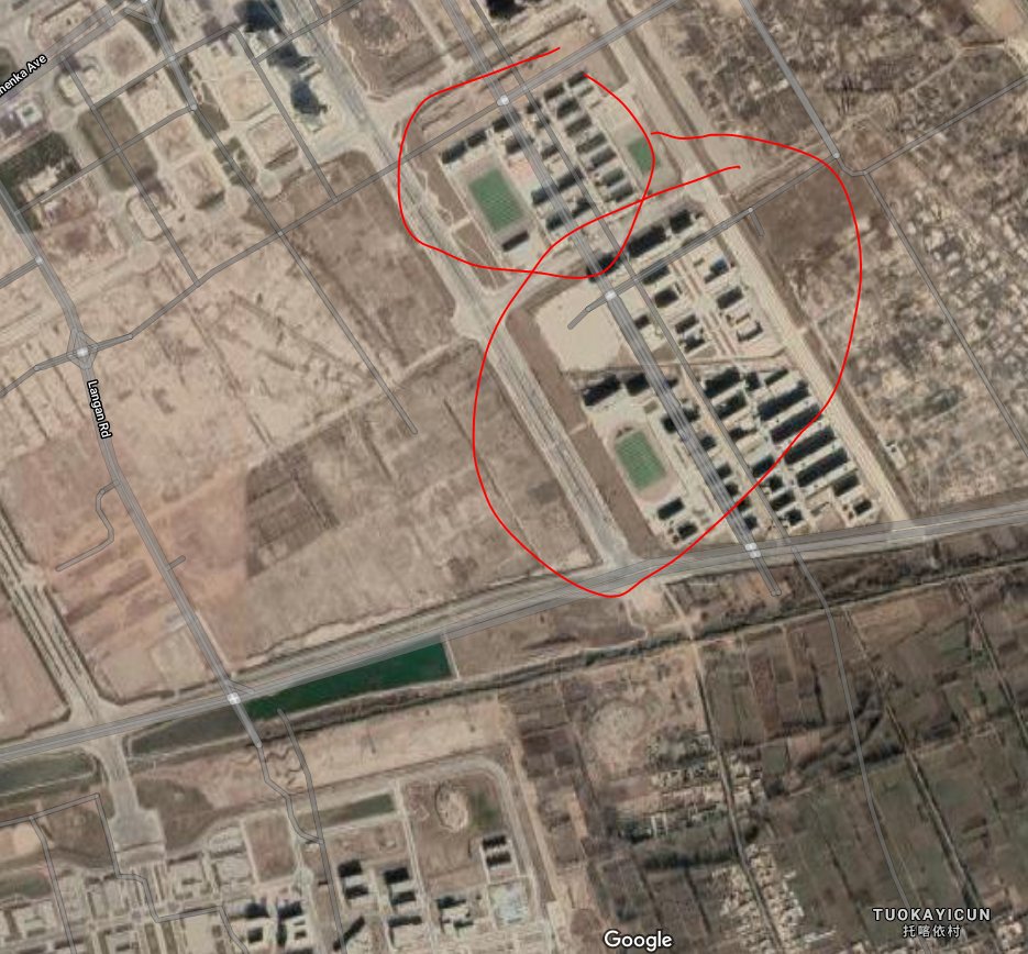 Now back to Xinjiang. According to APSI Xinjiang Data Project, this is Kashgar Facility #4 (tier-2 re-education facility). Via Google and Baidu Maps, this is marked as Shen-Ka No. 5 High School, next door is Kashar Tequ Senior High School. Apparently these schools are supported