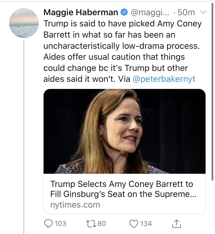 108/ ACB was the most likely Trump pick following Kavanaugh. But Haberman did not have sources what the pick is so 24 hours out she guessed sourced that it’s ACB but that it may be someone else. Meaning, the sourced report is as good as not having been written.