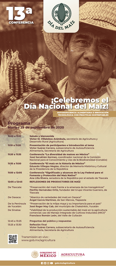 Este 29 de septiembre #DíaDelMaíz 🌽Celebraremos a nuestro milenario maíz hablando desde diversos planos: legislativo, productivo, de agrodiversidad, histórico y cultural. Es a las 11am, ¡No te lo pierdas! Sigue la conferencia por youtube.com/agricultura_mex