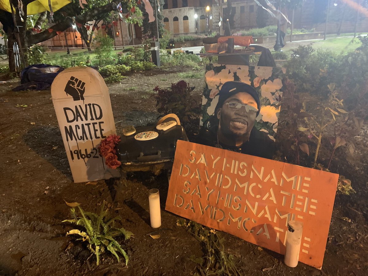 Only sound at the park now, 20 minutes after curfew, is the whirring of a helicopter. Here’s the Breonna Taylor, David McAtee and Tyler Gerth memorials.  #Louisville