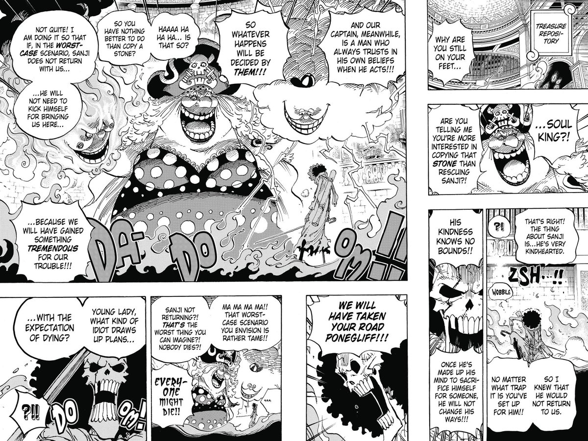 Après bien sûr dans les derniers chap Big Mom n'a en aucun cas été blessée, mais même, c'est le genre de moments qui la rend bcp moins crédible et terrifiante qu'elle ne l'est réellement (contrairement à cette magnifique double-page nous montrant toute son ampleur et son aura).