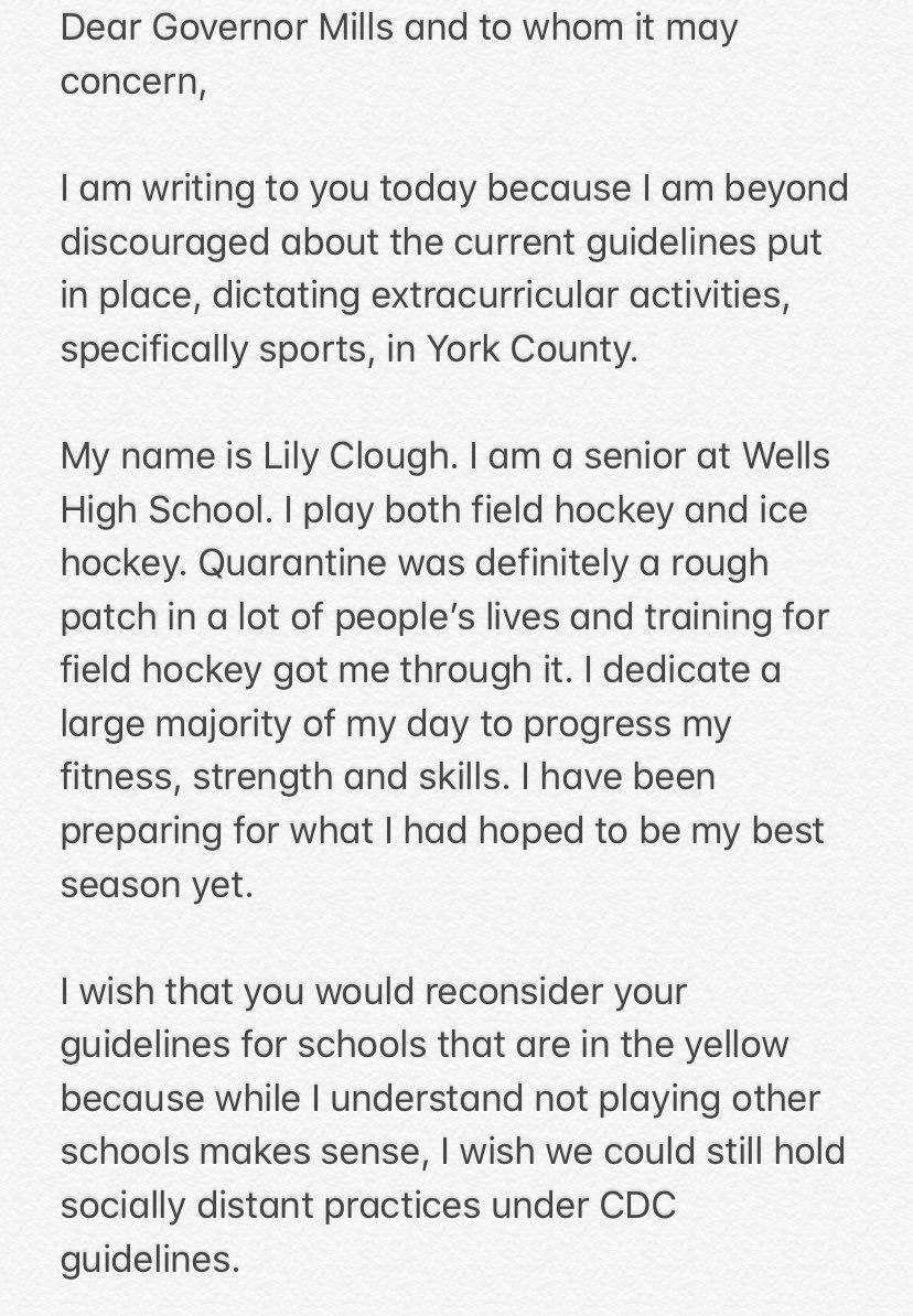 lilywclough's tweet photo. My letter to Governor Mills regarding York County sports. Decided to put my thoughts into words and try to make a change for the desperate athletes in York County. I would appreciate if you gave it a read. @DaveEidWGME @MaineFHA @joebaileysports @TLee_WMTW @wellshsAD @MPA_Sports https://t.co/64F5WoW3uy