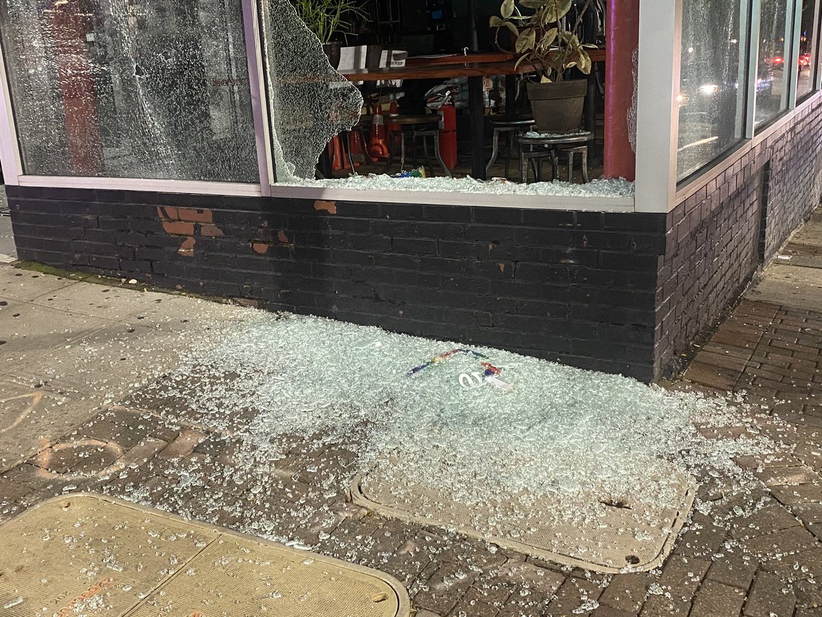 Damage at Beasleys Chicken and Honey. Raleigh police on loudspeaker  now calling protest an unlawful assembly and asking people to leave. <a href="/WNCN/">CBS 17</a> #Raleigh
