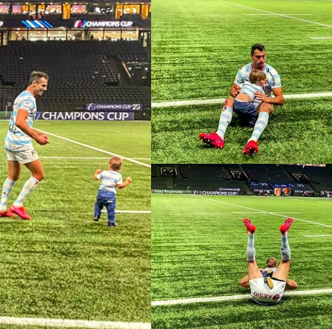 Perrugby's tweet photo. Se acaba la función, se va la gente y Juan Imhoff celebra junto a su hijo en el jardín de su casa. En Racing 92 es el jugador con más tries (más del doble del que lo sigue), el segundo con más puntos y el segundo con más partidos en la historia de la Champions Cup. 🔝 https://t.co/zQetIxOaEX