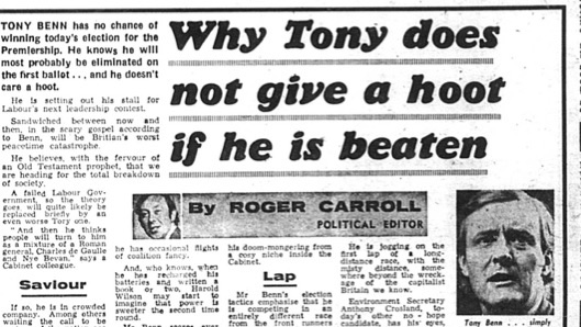 In the 1976 Labour leadership contest, Denis Healey and Tony Benn both put themselves forward to succeed Callaghan as Prime Minister. Benn secured more votes than Healey on the first round but both failed to make the final two.