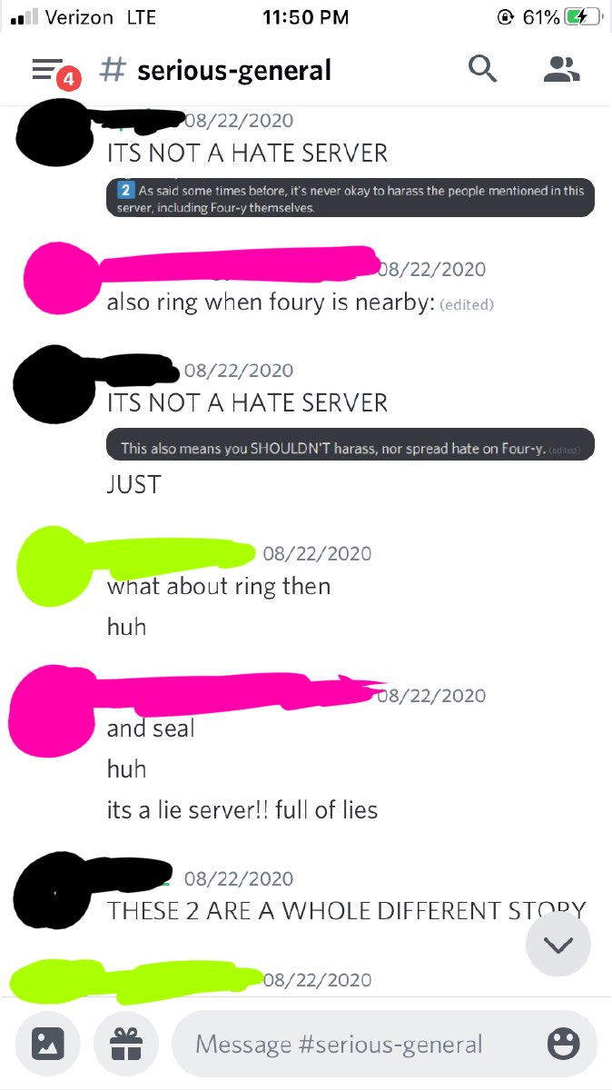 supposed guilt tripping in these screenshots when the user censored in black tried reasoning with four-y when someone leaked screenshots from a server that archives four-y's acts. I don'g know how to describe sorry