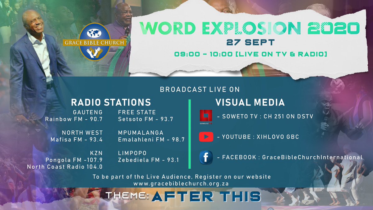 GBC_intl's tweet photo. We are also on the following radio stations: Gauteng:
- Rainbow FM 90.7
KZN:
- Pongola FM 107.9
- North Coast Radio 104.0
North west:
- Mafisa FM 93.4
Free State:
- Setsoto FM 93.7
Mpumalanga:
- Emalahleni FM 98.7
Limpopo:
- Zebediela FM 93.1
#WordExplosion2020
#Grace37 https://t.co/i5vmeGkGgz