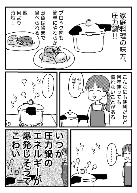 圧力鍋に心を開くことが出来ない話 
おまけはブログに→https://t.co/qYF9u9TWQY 
圧力鍋に身体は許しても心は許してない 
