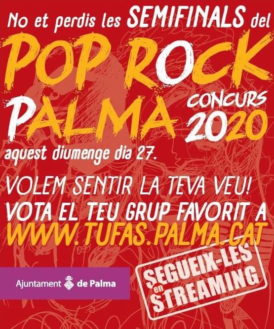 Avui se celebren les semifinals del Concurs Pop-Rock de Palma a <a href="/esgremi/">Es Gremi</a> 

Categories:
·11-14h Urbana y Metal
·16-21h Pop-Rock

Totes les actuacions se poden seguir en linea a través de la app esGremi.com
 
Pots participar a les votacions a tufas.palma.cat/polls