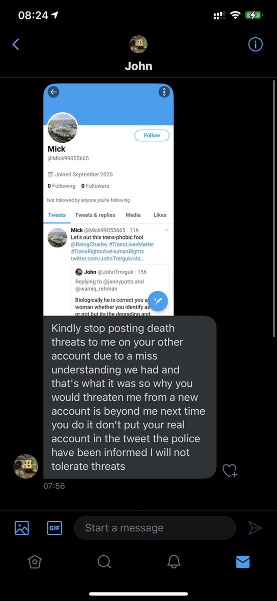 Imagine my shock when I wake up, then, to a DM from  @JohnTmrguk accusing me of creating this troll account, issuing him these threats and informing me that he has gone to the police. He’s also furthered this allegation in the above quoted tweet.