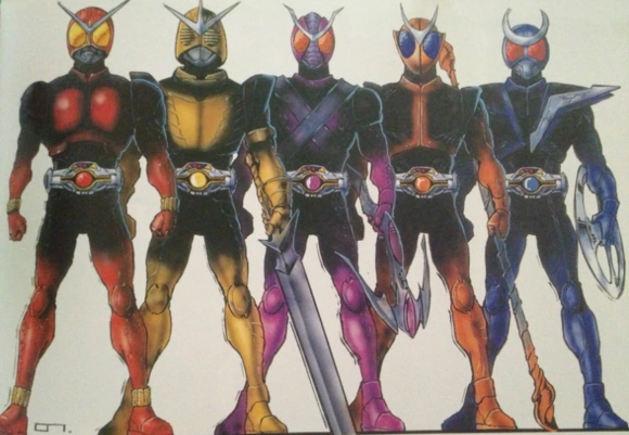 Yet another variation of thisI love how the black is the base color and the helmets are coolThis also seems to combine all the previous aspects of the Kuuga concepts and added cool new ones-Blue seems to be this tech samurai based on the moon samurai design