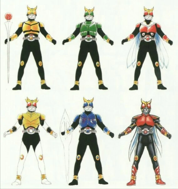 These ones obviously look a lot closer to home-The wings on red are always welcome-It seems that at some point they wanted a yellow kuuga form that's this weird magi staff based form idk