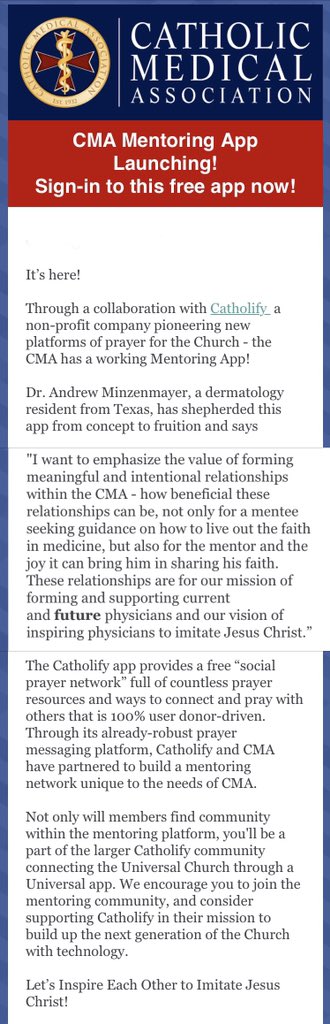 PalmBeachCMA's tweet photo. Launched today: @catholicmed and @catholify collaborated to create a #MentoringApp.
This benefit is included with membership in our organization. To become a member, check https://t.co/QSwkcoNkZI
Inspiring each other to imitate Jesus Christ! @CathMedStudents @CMAResidents https://t.co/T6X6tJJVHO