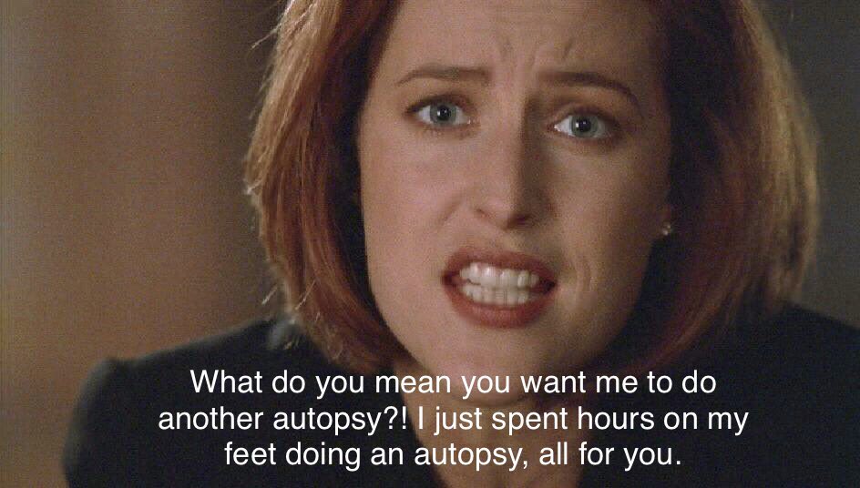 Mulder showing up drunk at Scully’s apartment at 3am in FTF to ask her to do an autopsy further illustrates that asking for autopsies represents romantic and/or sexual overtures between them, a motif also present in 2x04 “Sleepless” & 5x12 “Bad Blood” in this essay I will