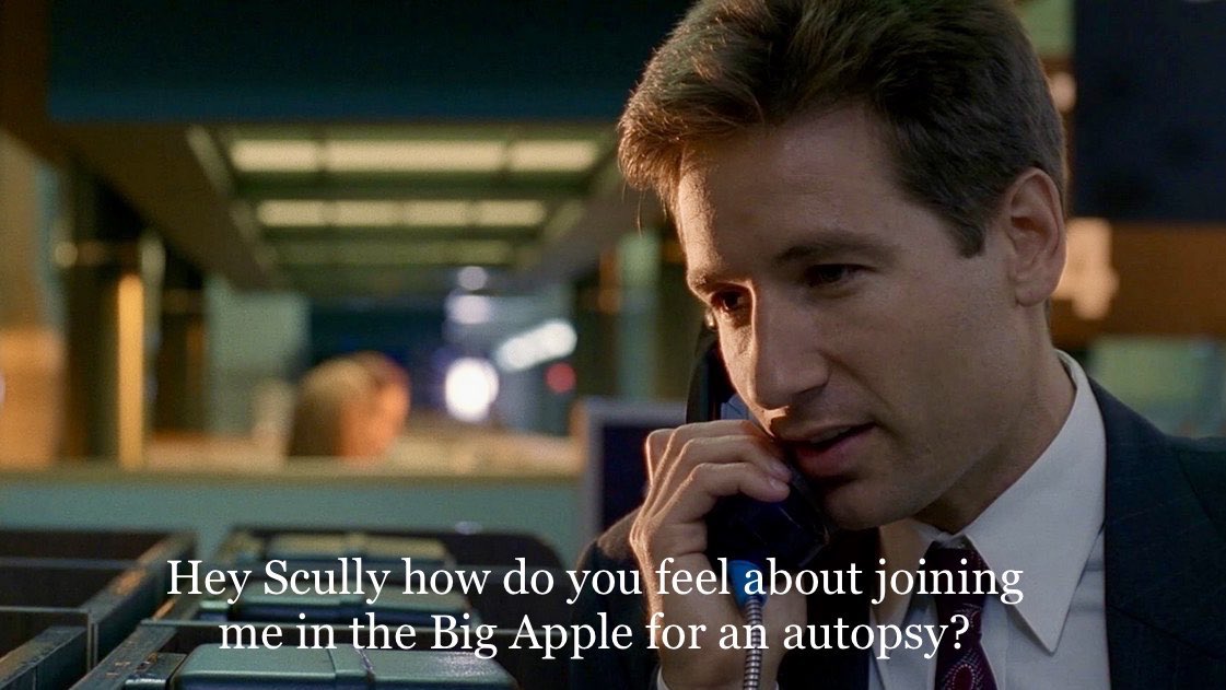 Mulder showing up drunk at Scully’s apartment at 3am in FTF to ask her to do an autopsy further illustrates that asking for autopsies represents romantic and/or sexual overtures between them, a motif also present in 2x04 “Sleepless” & 5x12 “Bad Blood” in this essay I will