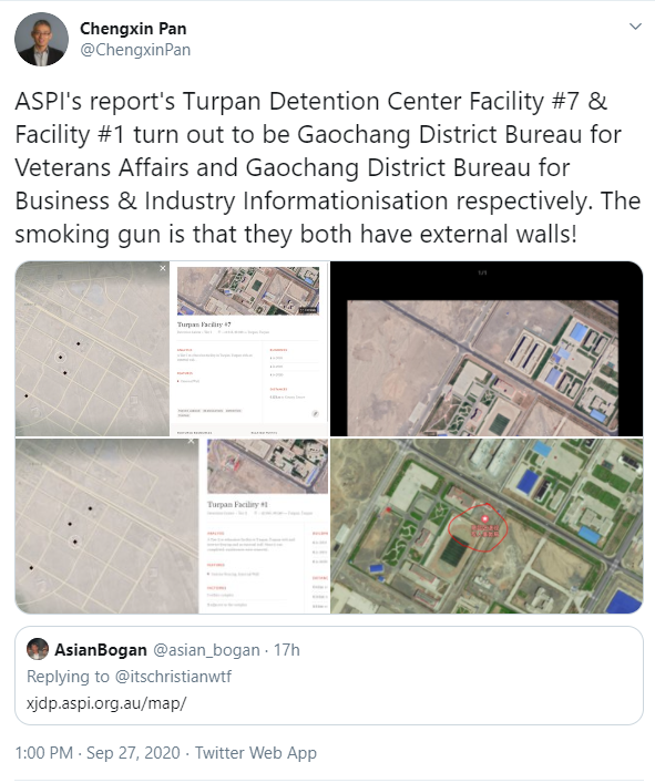 This professor is also pointing fault at our recent Xinjiang Data Project, but seems to be completely unable to comprehend that when you detain hundreds of thousands of people over a few months you run out of places to put them. Both these facilities were transformed into camps.