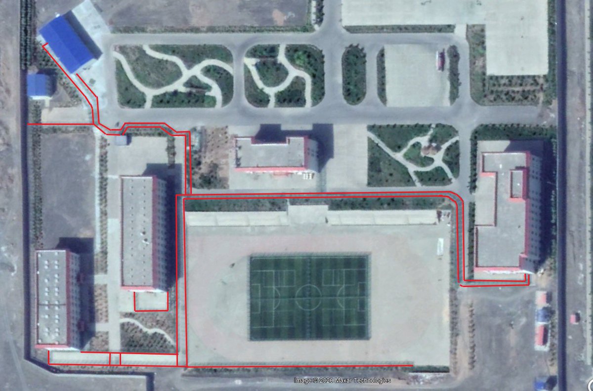... aded a highly securitised, two tiered entranceway (at the only gap in the 5m tall perimeter wall), with an extension of the guard post, and established heavily fenced areas to limit detainee's movements in the camp. You can see very clear fencing here, highlighted.