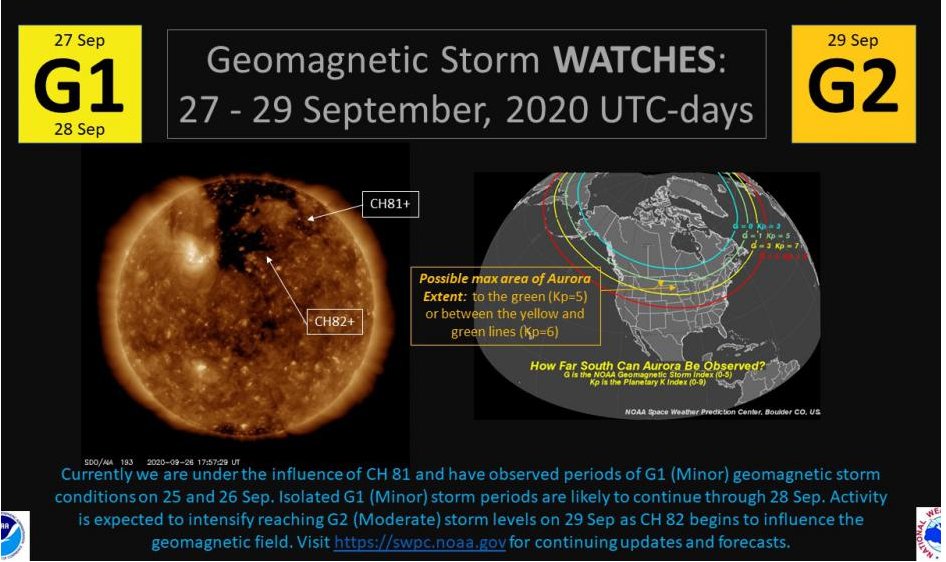 NWSSeattle's tweet photo. Possible aurora for Western Washington still on track for Monday night &amp; Tuesday morning. Right now it looks like the activity will peak late evening Monday/early morning hours Tuesday. Places north of the yellow line on the map on the right have a chance to see the aurora.#wawx https://t.co/9tQRdEus5m
