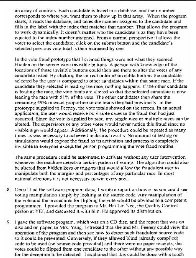 7/ Affidavit of Clint Curtis, stating that Rep. Feeney of Florida asked him 2 design a vote flipping program b4 election 2000.