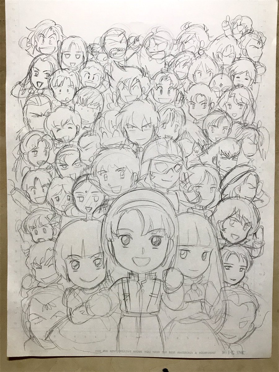 ガンダムエースエッセイマンガ掲載記念
ガンダム20周年ボンボンスタンプラリーカード用イラストラフ
アニメキャラ風の1枚目描いたら「デフォルメにしてキャラめちゃ増やして!」と言われて2枚目に。この後さらにターンエーを追加しました。