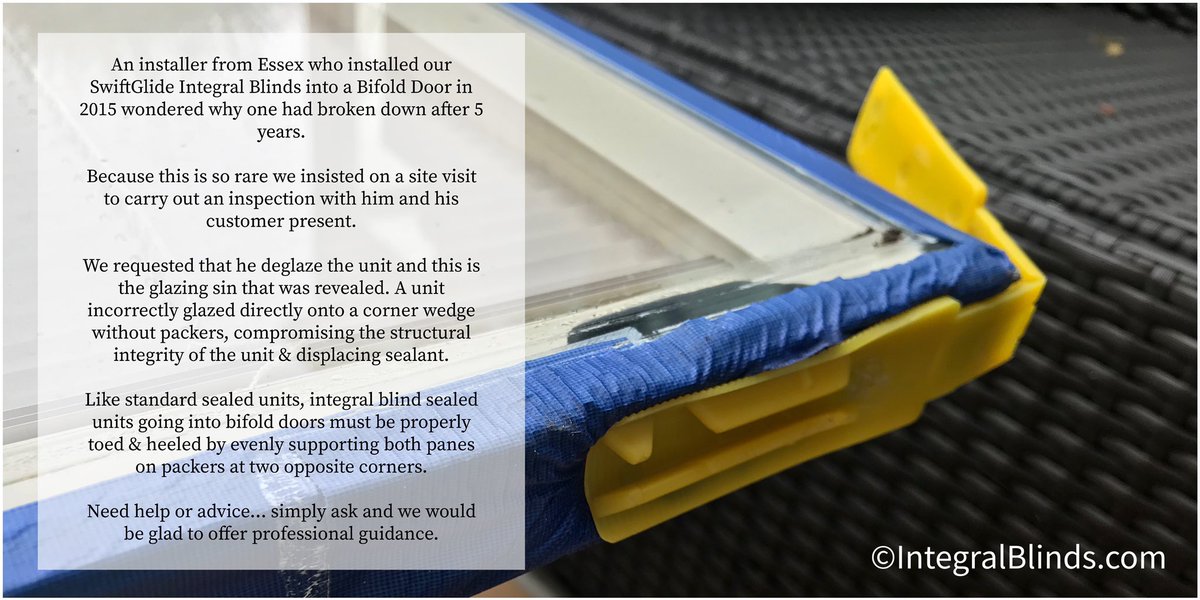 IntegralBlinds's tweet image. An installer from #Essex who installed our #SwiftGlide #IntegralBlinds into a Bifold Door in 2015 wondered why one had broken down after 5 years.

Because this is so rare we insisted on a site visit to carry out an inspection with him and his customer present.