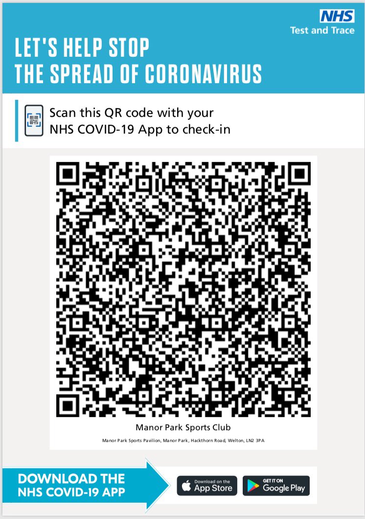 Good morning

We will have NHS track &amp; trace posters on display at all our pitches today including Dunholme and the 3G at Manor Park. Anyone over 16 will be required to check in/out by scanning the QR code shown

Please also remember to maintain social distancing. Thank you