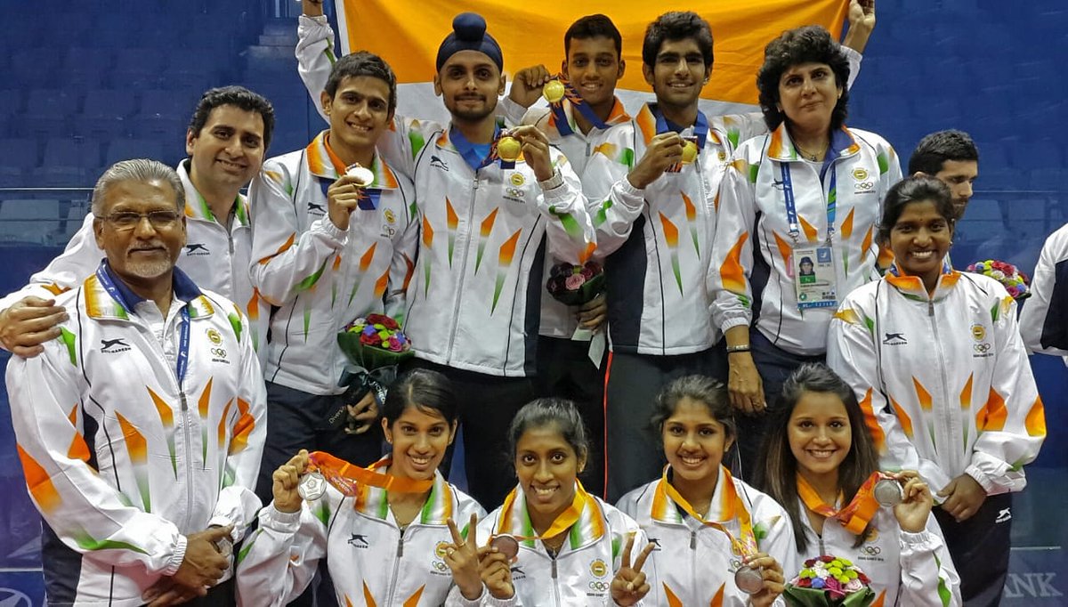 #Onthisday An historic performance by our team at the 2014 Asian Games winning a Gold at the Men's Team. Truly a proud moment. #squash #indiasquash #gold #healthy #fitindiamovement #asiangames2018