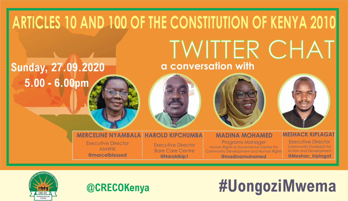 Join us today from 5.00 to 6.00pm for a conversation about Articles 10 and 100 of the Constitution of Kenya 2010.
<a href="/jkchangwony/">CK Joshua🇰🇪</a> <a href="/Meshac_kiplagat/">Meshack Kiplagat 🌍🌲</a> <a href="/madinamohamed/">Madina Mohamed 🇰🇪🇰🇪</a>
<a href="/CommunityDHR/">Centre For Community Development And Human Rights</a> <a href="/Haroldkip1/">Sen. Harold Kipchumba</a> <a href="/marcelblessed/">Marceline Nyambala</a> <a href="/Maskani254/">Maskani Ya Taifa 🇰🇪</a>