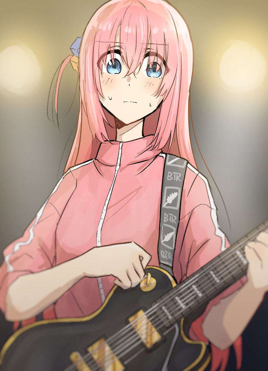 gotou hitori 1girl cube hair ornament guitar instrument pink hair solo hair ornament  illustration images