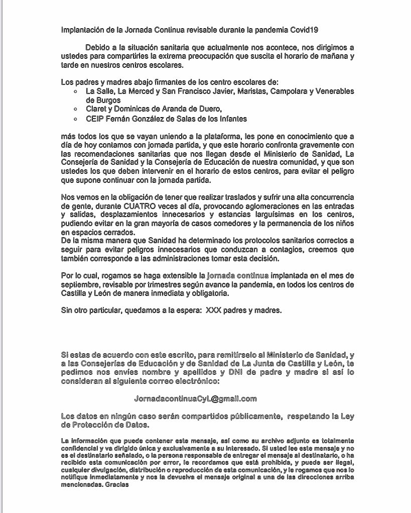 Recogida de firmas en BURGOS capital y provincia por la jornada continua / jornada covid
Padres y madres: Suma tu petición a <a href="/sanidadgob/">Ministerio de Sanidad</a> <a href="/jcyl/">Junta de Castilla y León</a> 

Nombre apellidos y dni a:
➡️ Jornadacontinuacyl@gmail.com

#covid #jornadacontinua #jornadacovid