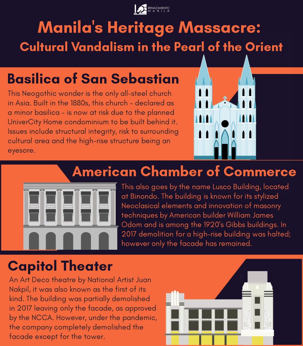 rebirthmanila's tweet photo. MANILA's HERITAGE MASSACRE

An o-built-uary.
 
For every built heritage taken down, the sense and identity of a place gets erased.

#savemanilaheritage #savesansebastian #SaveSSBasilica #RebirthManila https://t.co/hmYvCh2wz0