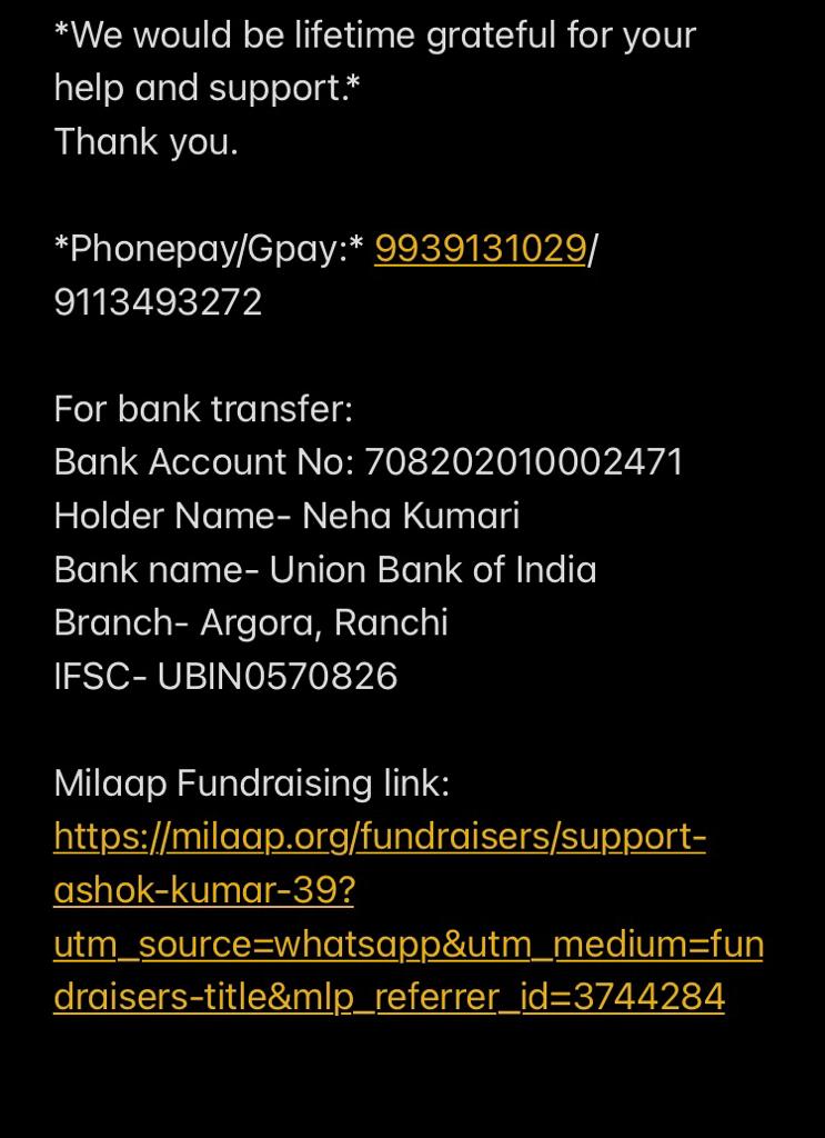 NehaSin50750004's tweet photo. @SonuSood @FcSonuSood @mr_sood_fc @sonu_soodbest @sonu_world I am raising funds for my father, Ashok Kumar who is on oxygen support. Falling behind the required sum by Rs 40,00,000.

Phonepe/Gpay: 9939131029/
9113493272

Milaap Fundraising link:
https://t.co/VTYlLfcXqG
#SonuSood https://t.co/ECAKIRklOG