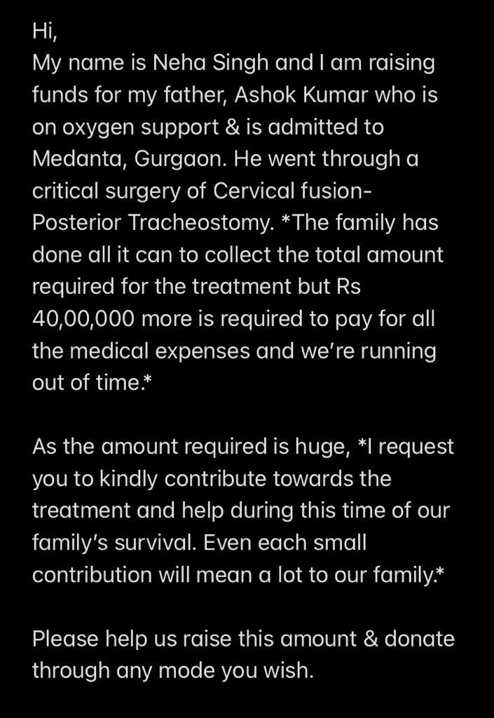 NehaSin50750004's tweet photo. I am raising funds for my father, Ashok Kumar who is on oxygen support. Falling behind the required sum by Rs 40,00,000.

Phonepe/Gpay: 9939131029/
9113493272

Milaap Fundraising link:
https://t.co/VTYlLfcXqG
@PMOIndia @AmitShah @narendramodi @BJP4Jharkhand @BJP4India @BjpRanchi https://t.co/yenXbkcpW5