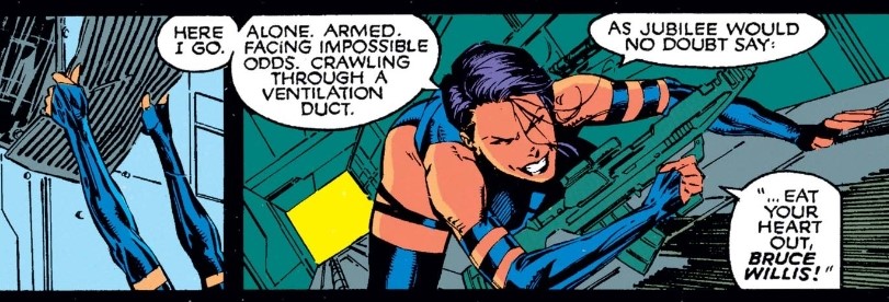 Once in transition, Psylocke escapes her captors and Claremont is careful to highlight the abject joy with which she conducts her violent one-person mission against all odds, even comparing herself to Bruce Willis from Die Hard as she crawls through a vent. 5/7
